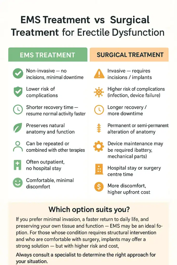 A table showing the benefits of EMS chair for erectile dysfunction treatment Newcastle upon Tyne compared to surgery.